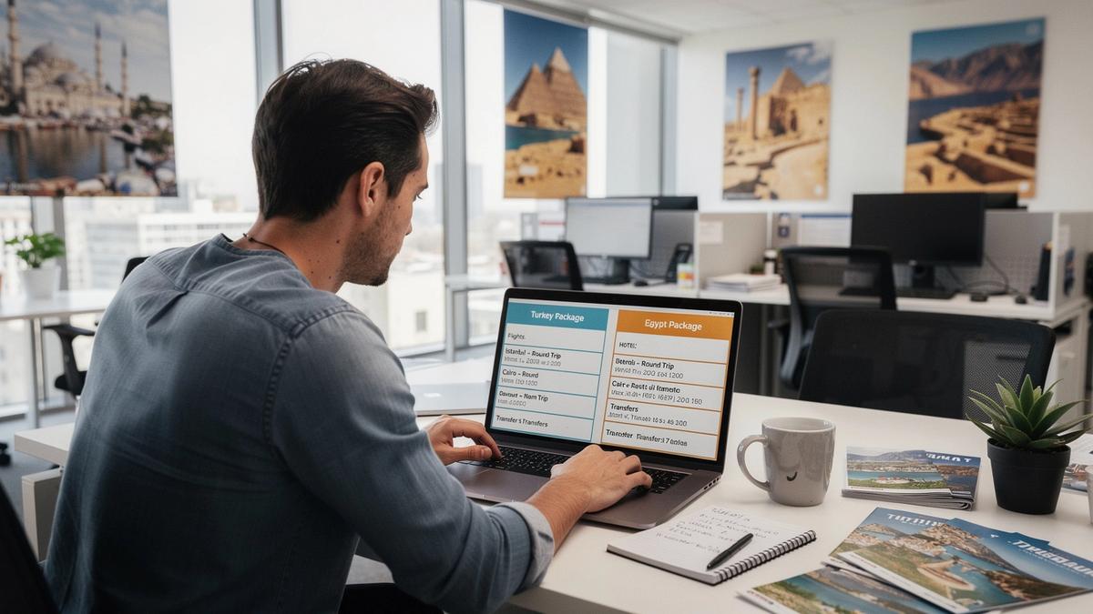 Travel agent comparing package details for Turkey and Egypt flights, hotels, and transfers